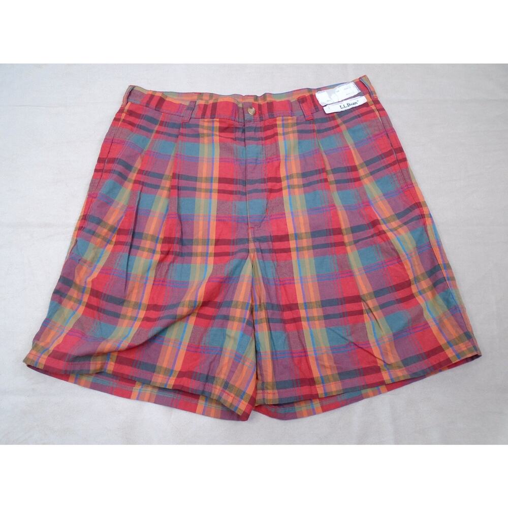 Vintage LL Bean Shorts Mens 36 Green Orange Madras Plaid Beach Golf USA NWT